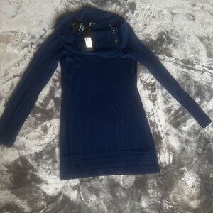 Guess Navy Knit Sweater Dress Cowl Neck w/Buttons size L NWT